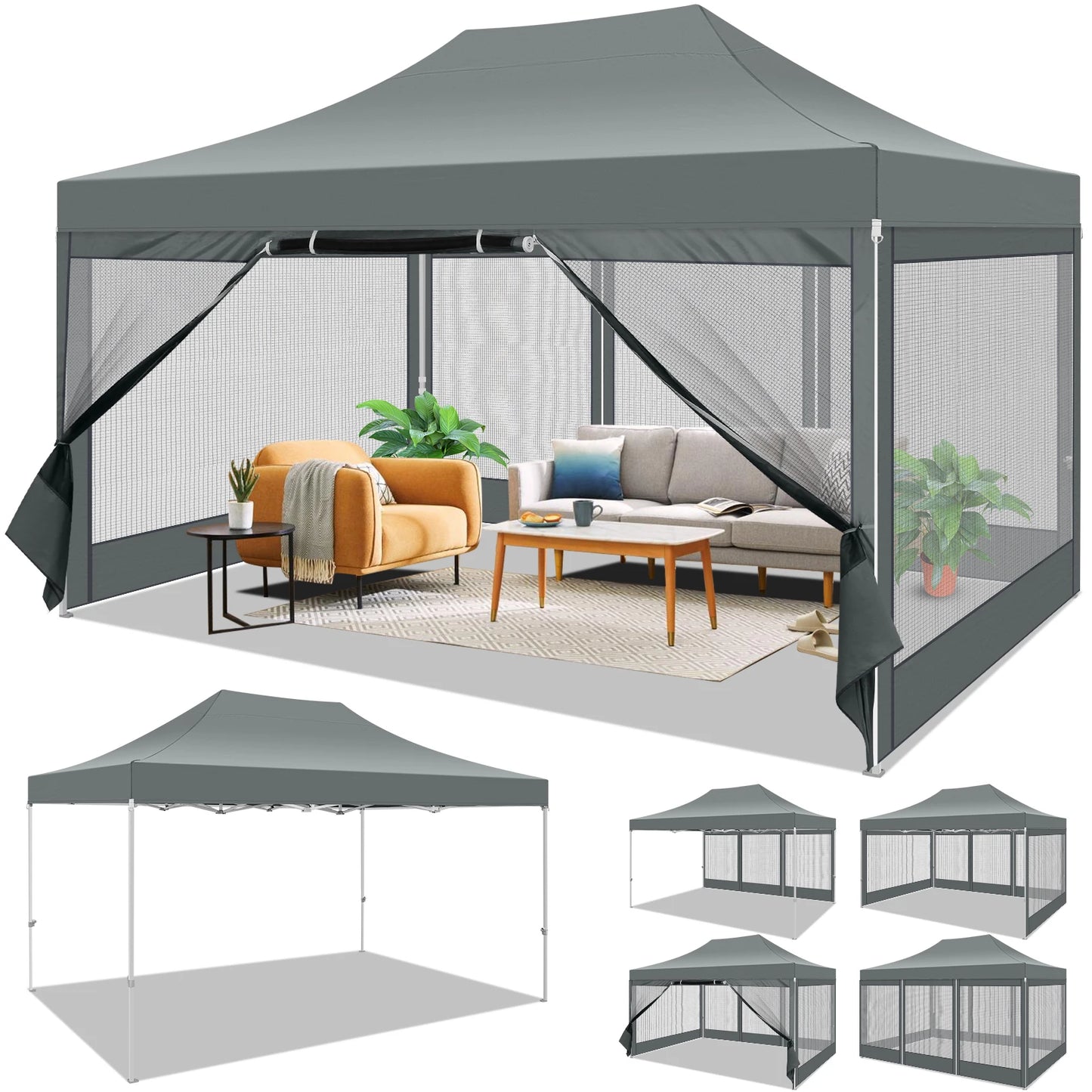 10x15 FT Heavy Duty Pop Up Canopy with 4 Sidewalls, Commercial Gazebo Party Tent with Mosquito Netting Wall Easy Set Up Outdoor