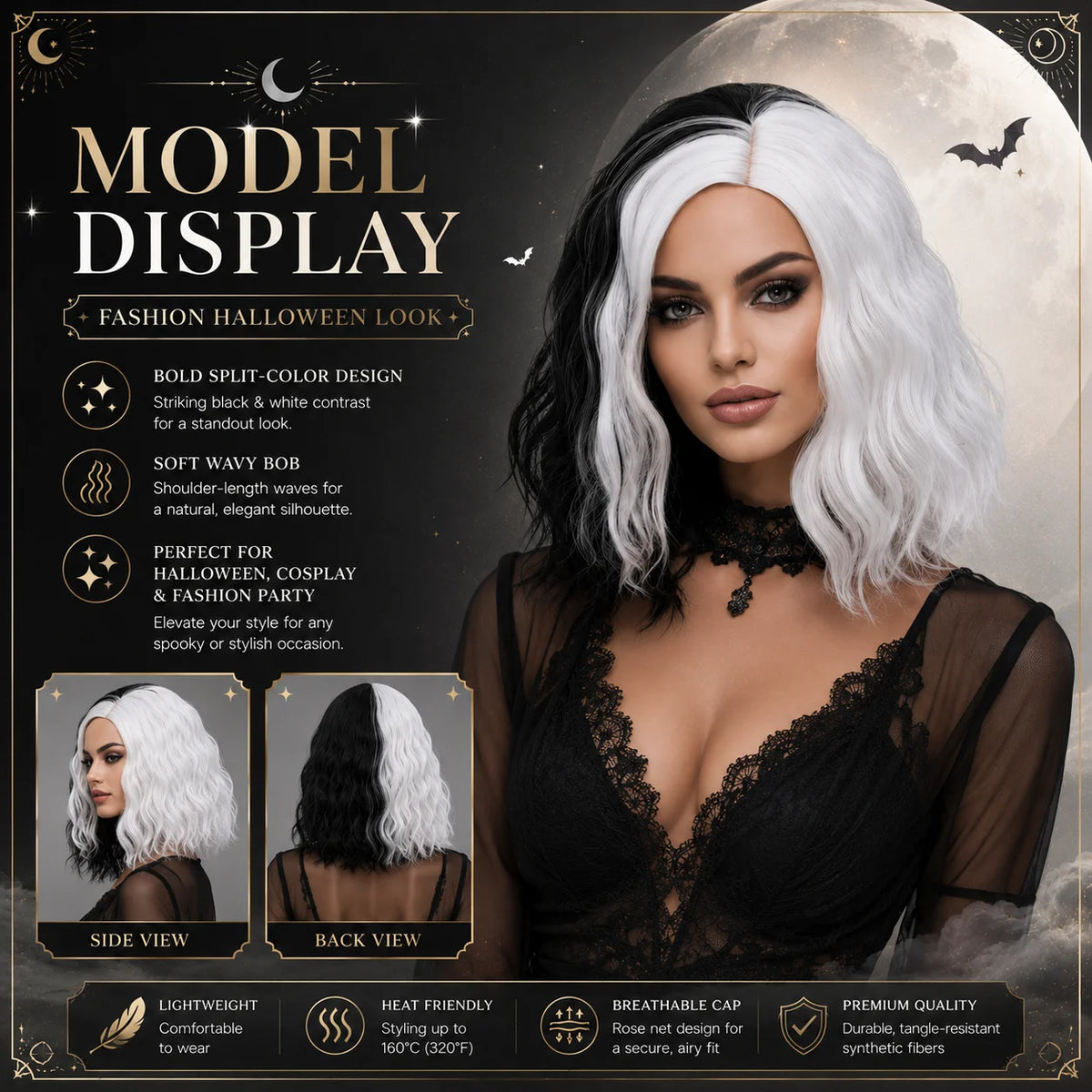 Rosa Star Cruella Deville Wig 14inch Short Bob Wavy Black And White Wig Half Black Half White Bob Wigs Synthetic Bob Wigs Glueless Wigs Heat Synthetic Hair Wigs for Women Halloween Wigs Costume Cosplay Wigs for Party