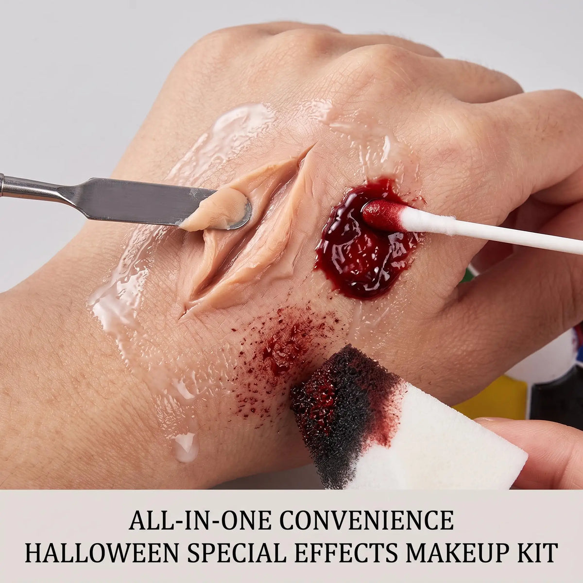 EELHOE Halloween SFX Makeup Kit Scar Wax Fake Blood Gel Liquid Latex 6 Color Palette Spatula Tools Cosplay Horror Party Costume Special Effects Face Paint