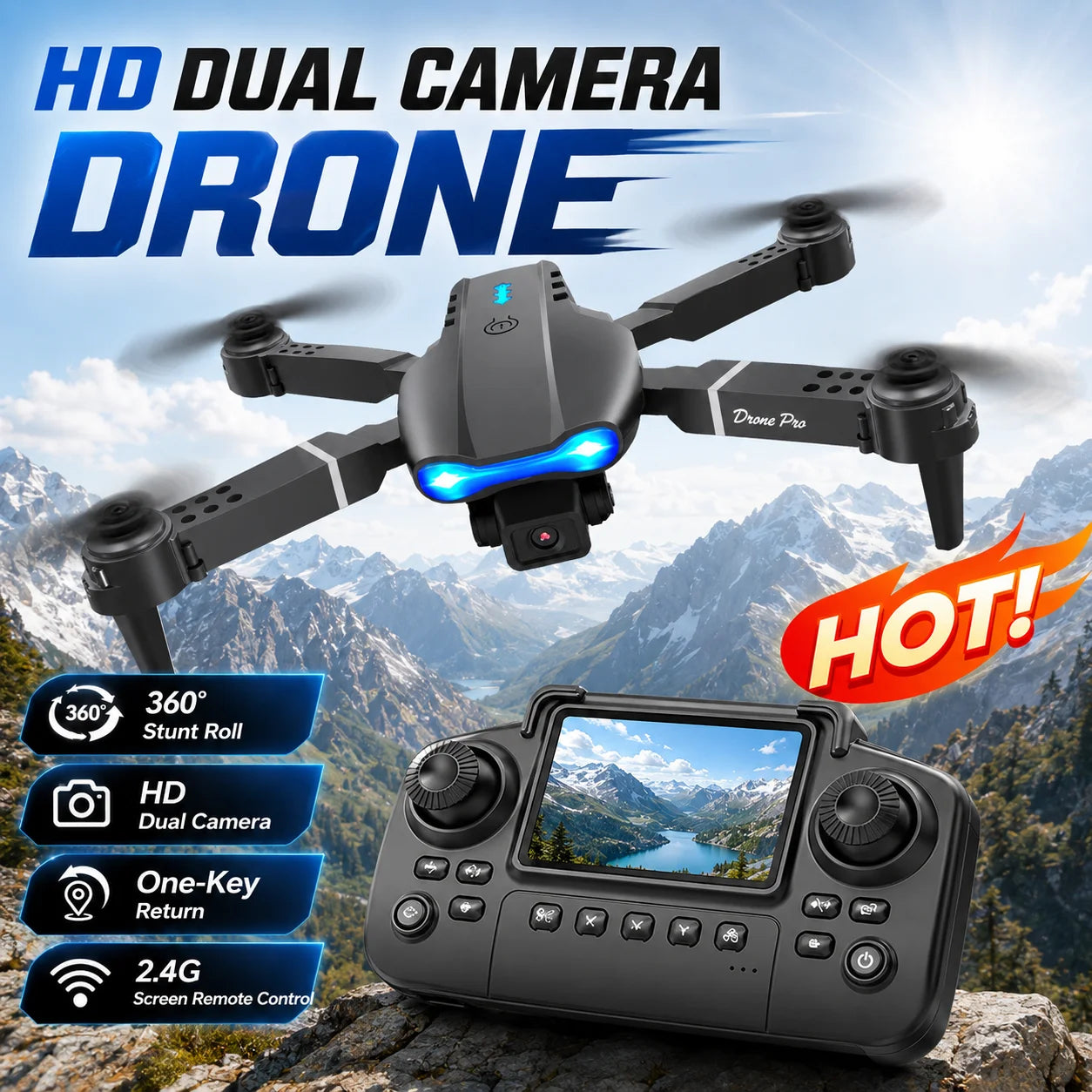 ZNLYRION 4K RC Drone with Screen Remote Control  Dual Camera Optical Flow Positioning Obstacle Avoidance Foldable FPV WIFI APP Control One Key Return 360° Flip Quadcopter Toy for Beginners