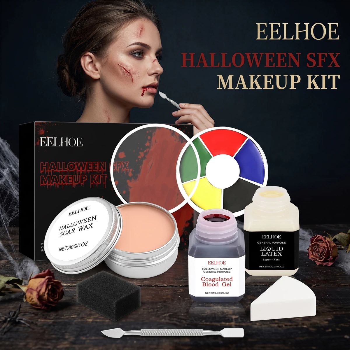 EELHOE Halloween SFX Makeup Kit Scar Wax Fake Blood Gel Liquid Latex 6 Color Palette Spatula Tools Cosplay Horror Party Costume Special Effects Face Paint