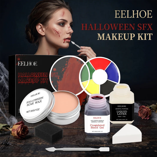 EELHOE Halloween SFX Makeup Kit Scar Wax Fake Blood Gel Liquid Latex 6 Color Palette Spatula Tools Cosplay Horror Party Costume Special Effects Face Paint