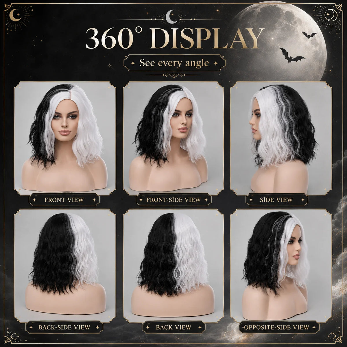 Rosa Star Cruella Deville Wig 14inch Short Bob Wavy Black And White Wig Half Black Half White Bob Wigs Synthetic Bob Wigs Glueless Wigs Heat Synthetic Hair Wigs for Women Halloween Wigs Costume Cosplay Wigs for Party