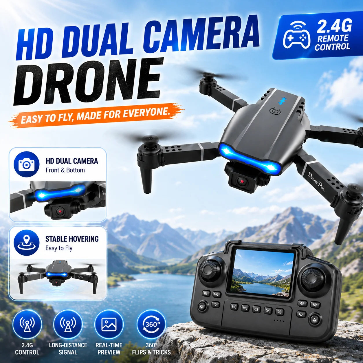 ZNLYRION 4K RC Drone with Screen Remote Control  Dual Camera Optical Flow Positioning Obstacle Avoidance Foldable FPV WIFI APP Control One Key Return 360° Flip Quadcopter Toy for Beginners