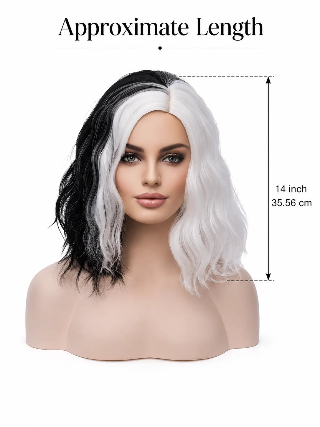 Rosa Star Cruella Deville Wig 14inch Short Bob Wavy Black And White Wig Half Black Half White Bob Wigs Synthetic Bob Wigs Glueless Wigs Heat Synthetic Hair Wigs for Women Halloween Wigs Costume Cosplay Wigs for Party