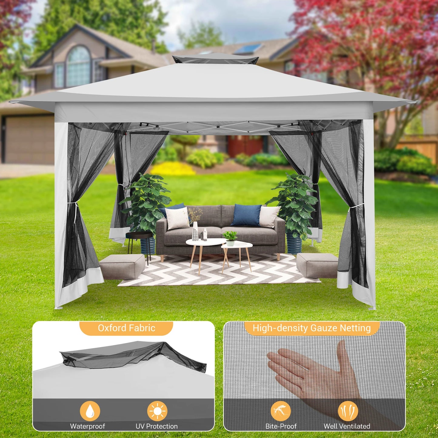 12x12ft Pop Up Gazebo Canopy Tent Easy Set Up Outdoor Portable Pavilion Sunshade Shelter With Mosquito Nettings & Sidewalls Double Vented Roof And Carry Bag For Patio Garden Lawn 3 Height Adjustable