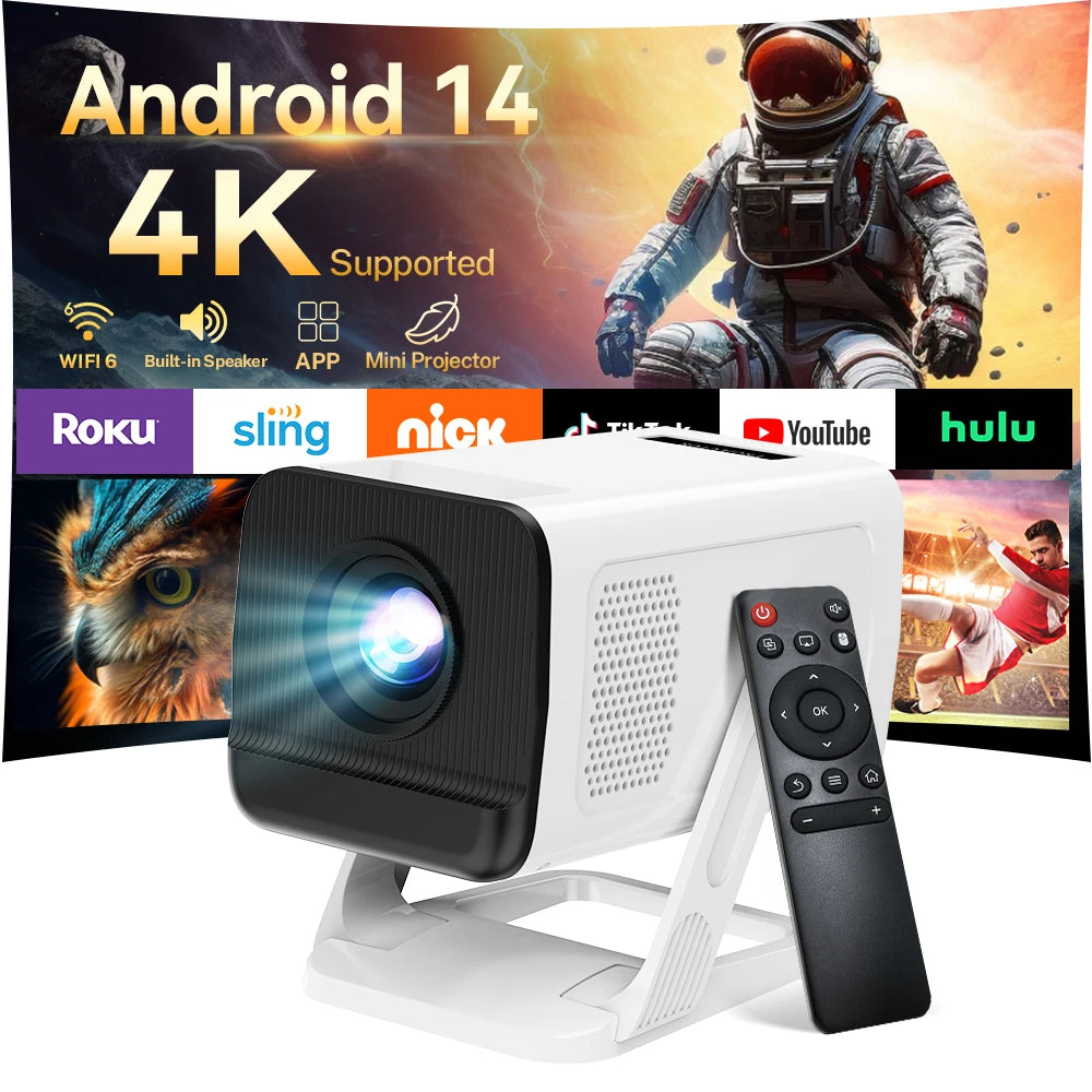 Mini Projector Wifi6 and BT5.4 Native 1080P, 4K Decoding Android 14 Auto Keystone 180° Flexible Portable Beamer for Home Theater