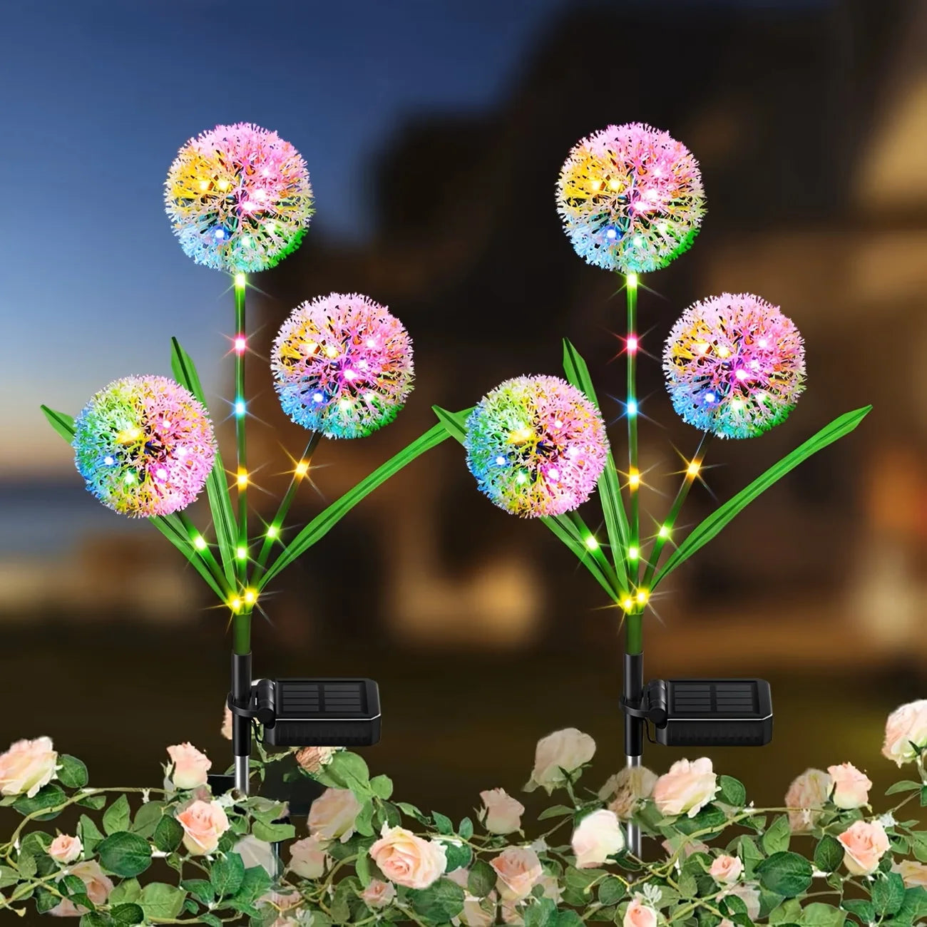 4PC 3 Head Solar LED Dandelion Outdoor Ground Mounted Light, Suitable for Courtyard, Garden, and Landscape Decoration
