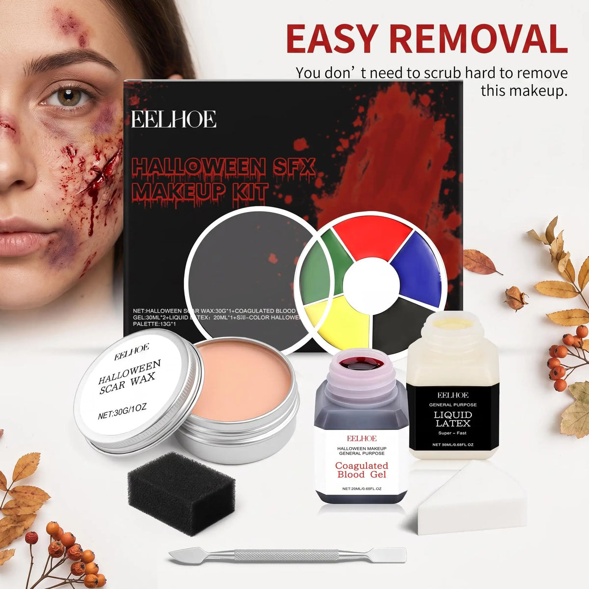 EELHOE Halloween SFX Makeup Kit Scar Wax Fake Blood Gel Liquid Latex 6 Color Palette Spatula Tools Cosplay Horror Party Costume Special Effects Face Paint