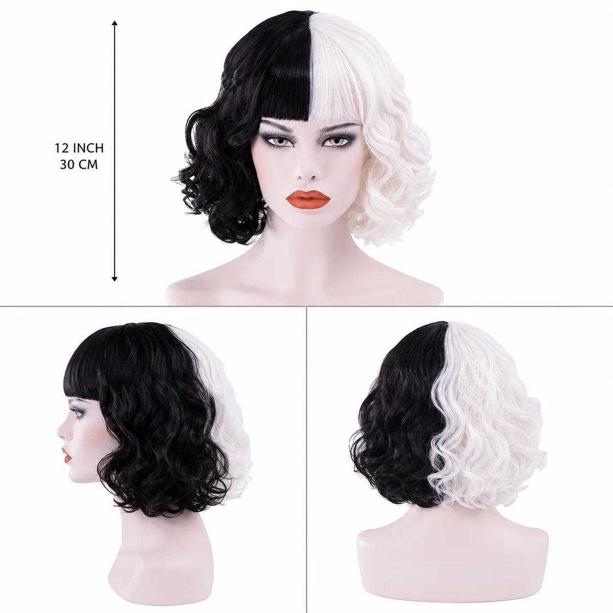Cruella De Vil Black White Two-Tone Half-Up Synthetic Curly Wig 150% Density Wavy Design Vintage Vampire Gothic Style for Halloween Parties Easy Care Unisex