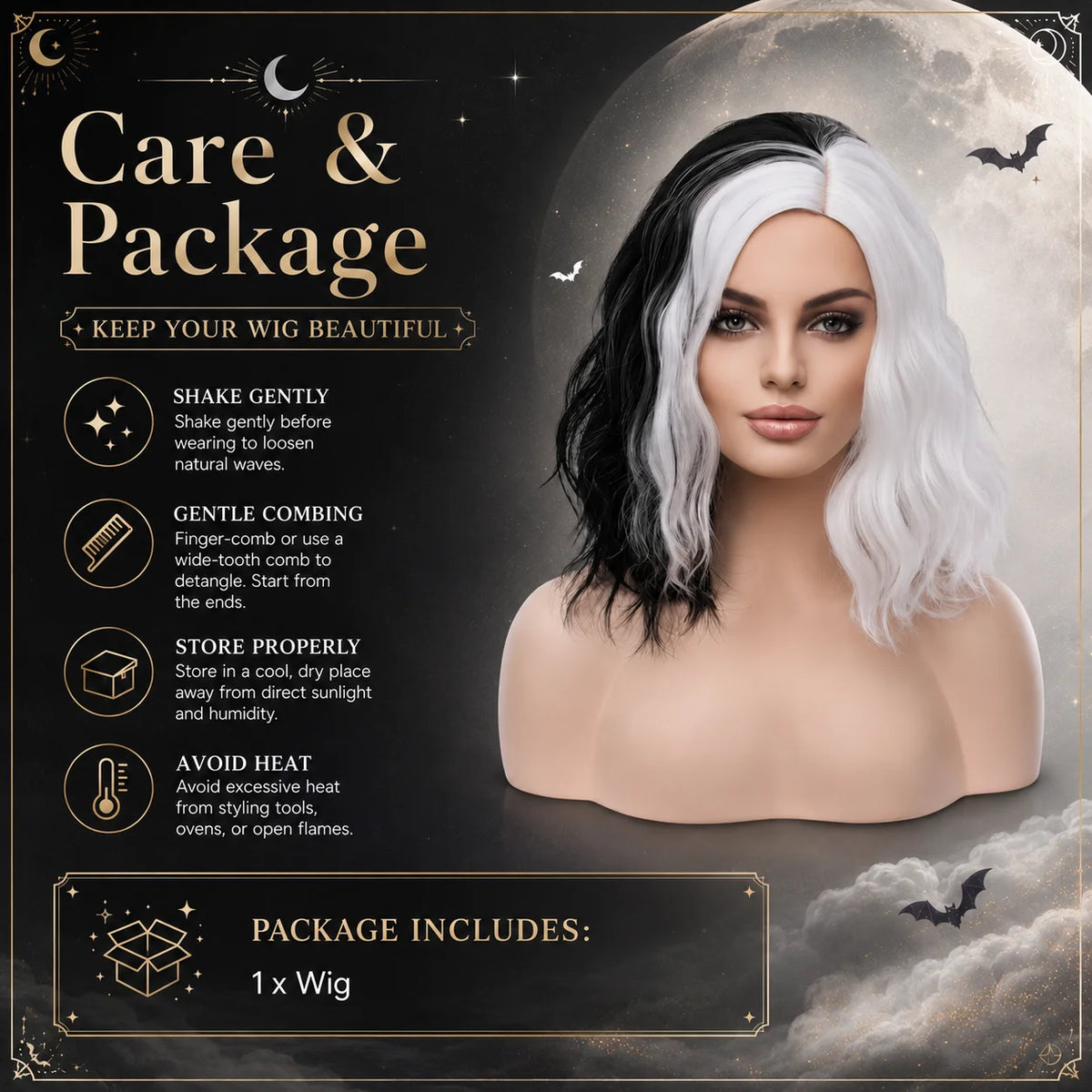 Rosa Star Cruella Deville Wig 14inch Short Bob Wavy Black And White Wig Half Black Half White Bob Wigs Synthetic Bob Wigs Glueless Wigs Heat Synthetic Hair Wigs for Women Halloween Wigs Costume Cosplay Wigs for Party