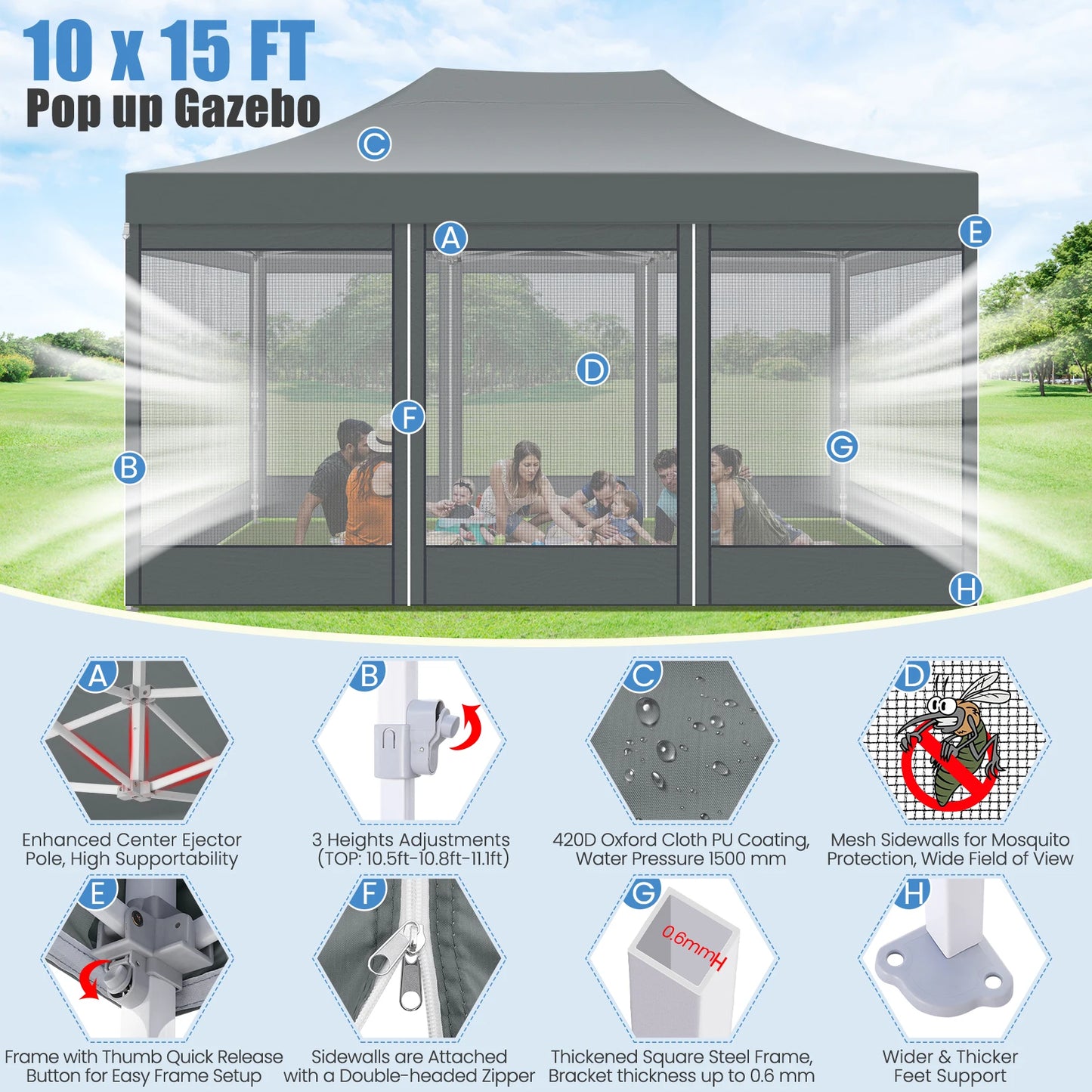 10x15 FT Heavy Duty Pop Up Canopy with 4 Sidewalls, Commercial Gazebo Party Tent with Mosquito Netting Wall Easy Set Up Outdoor