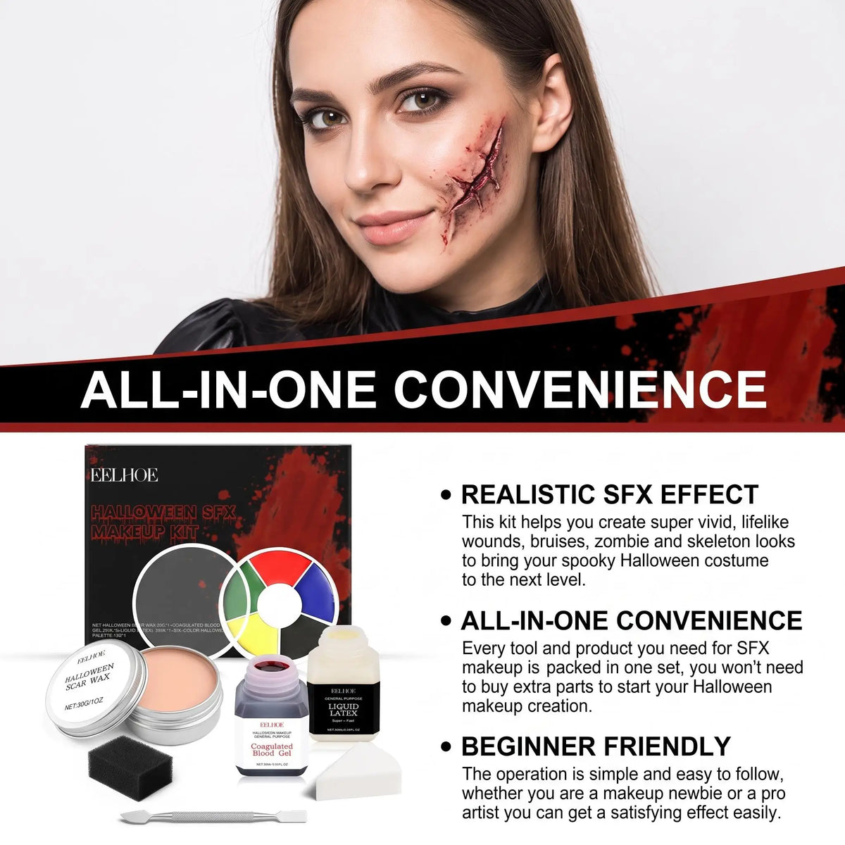 EELHOE Halloween SFX Makeup Kit Scar Wax Fake Blood Gel Liquid Latex 6 Color Palette Spatula Tools Cosplay Horror Party Costume Special Effects Face Paint