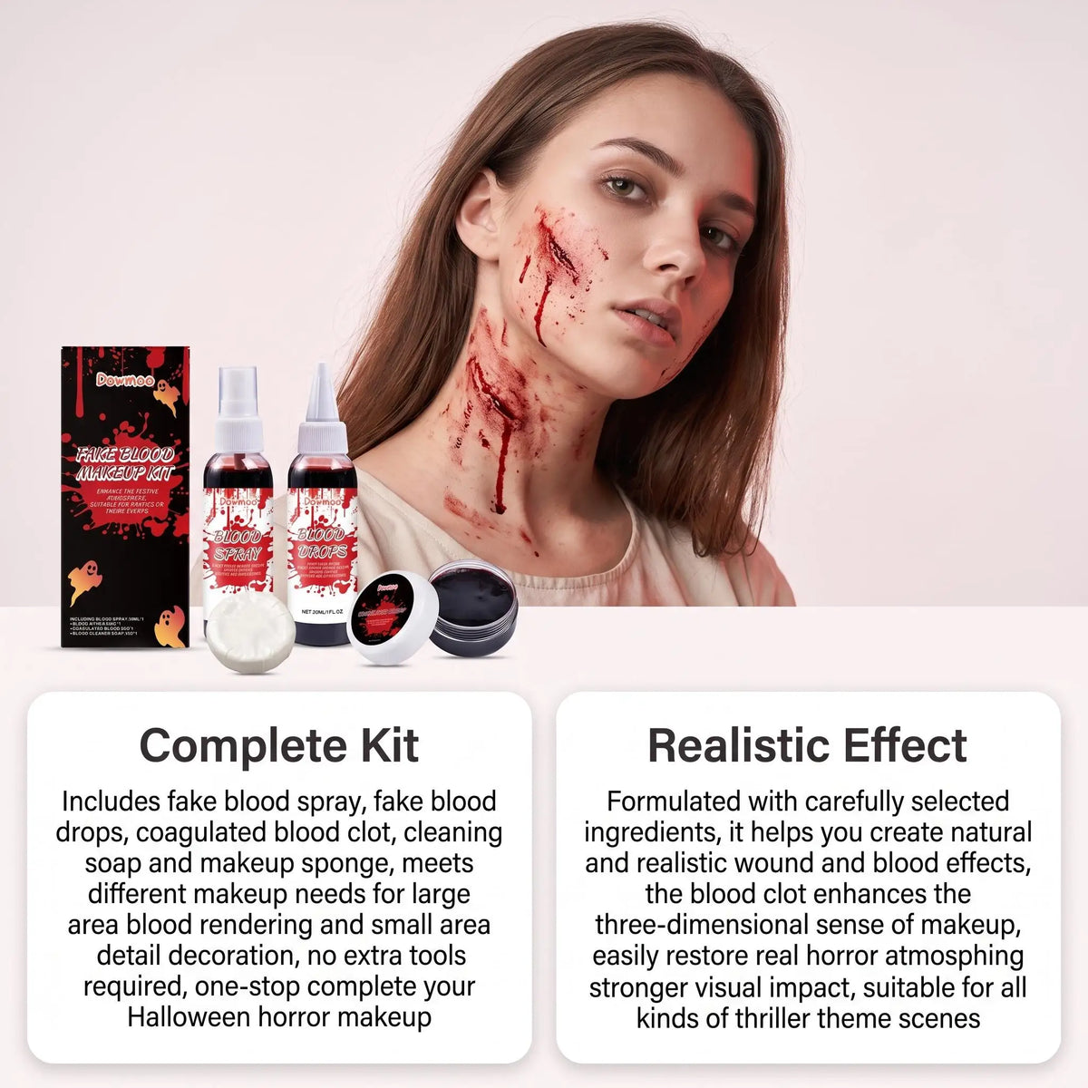 Dowmoo Halloween Fake Blood Makeup Kit Blood Spray Drops Coagulated Gel Soap Cleaner SFX Cosplay Horror Party Costume Props Realistic Special Effects Face Paint Wound Simulation