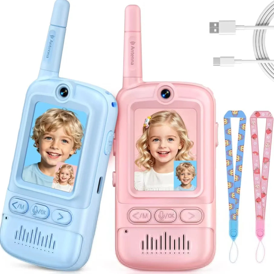 Kids Walkie‑Talkie Set Blue Pink 2Pcs Video Intercom Toy Rechargeable Portable Two‑Way Radio with Lanyard for Children Outdoor Camping Game Play