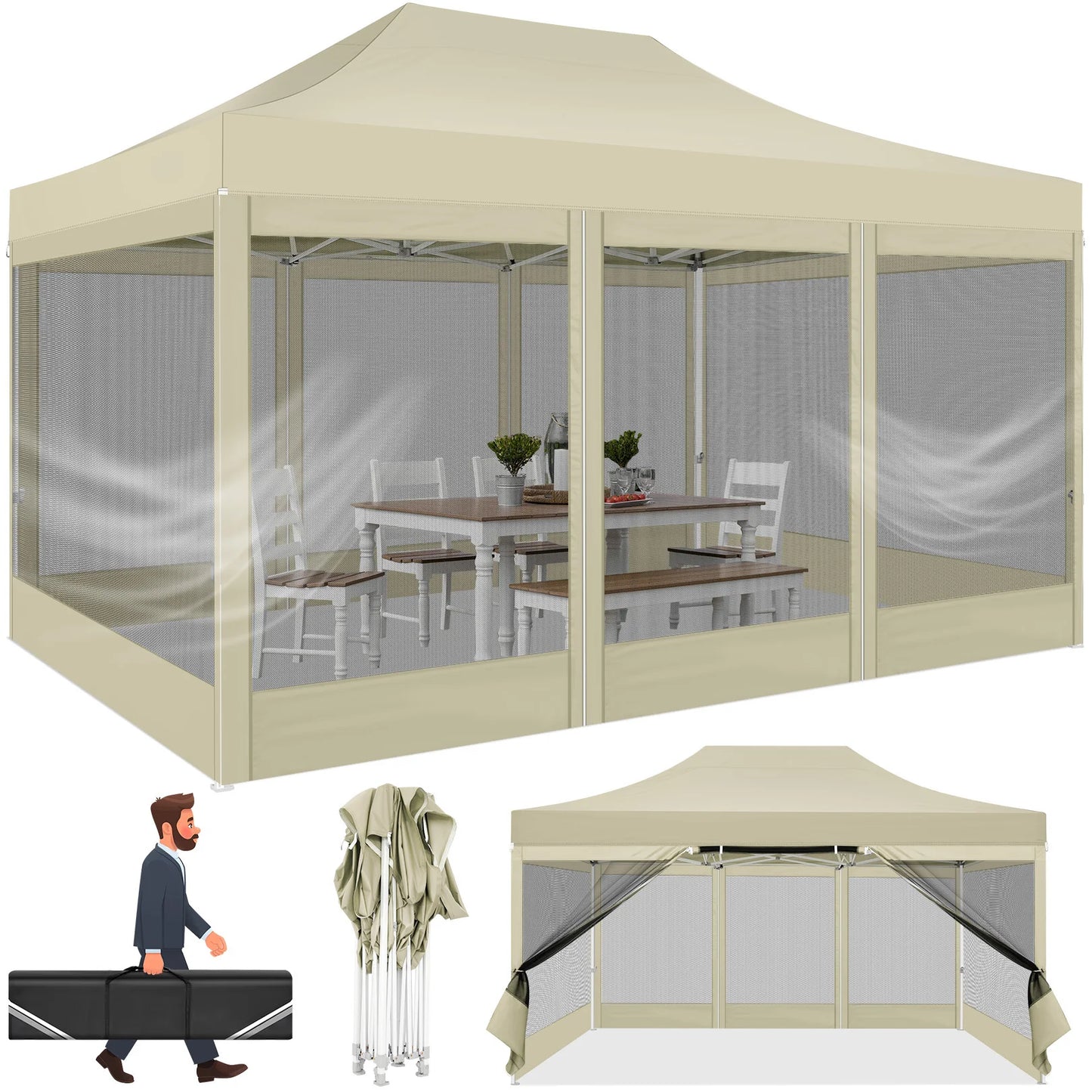 10x15 FT Heavy Duty Pop Up Canopy with 4 Sidewalls, Commercial Gazebo Party Tent with Mosquito Netting Wall Easy Set Up Outdoor