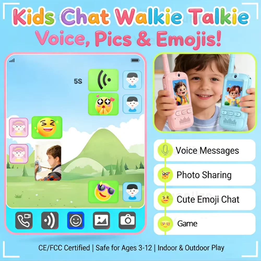 Kids Walkie‑Talkie Set Blue Pink 2Pcs Video Intercom Toy Rechargeable Portable Two‑Way Radio with Lanyard for Children Outdoor Camping Game Play