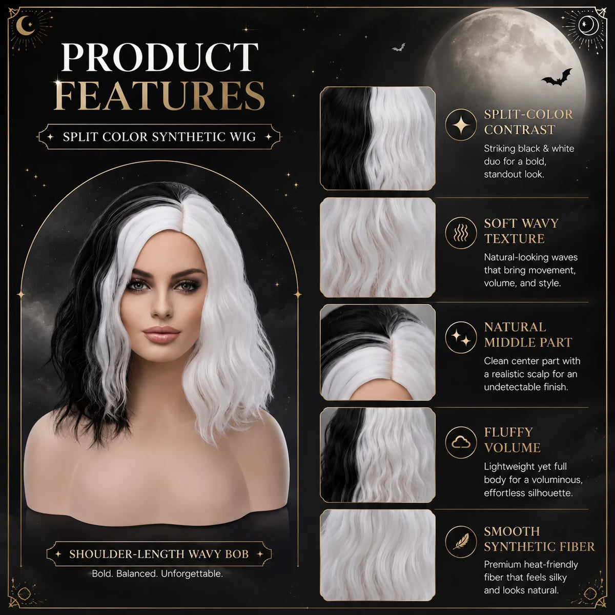 Rosa Star Cruella Deville Wig 14inch Short Bob Wavy Black And White Wig Half Black Half White Bob Wigs Synthetic Bob Wigs Glueless Wigs Heat Synthetic Hair Wigs for Women Halloween Wigs Costume Cosplay Wigs for Party