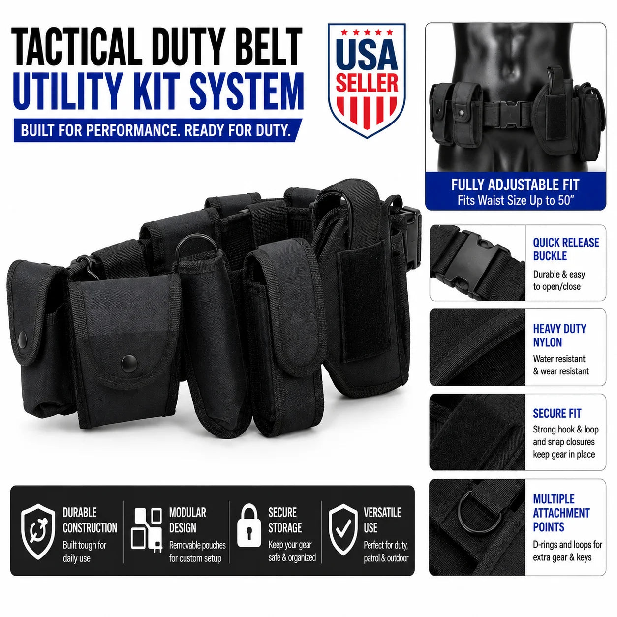 Tactical Nylon Duty Belt Utility Kit System Adjustable Quick Release With Modular Pouches Gear Holders For Security Guard Patrol