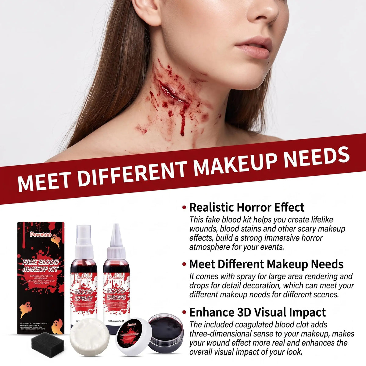 Dowmoo Halloween Fake Blood Makeup Kit Blood Spray Drops Coagulated Gel Soap Cleaner SFX Cosplay Horror Party Costume Props Realistic Special Effects Face Paint Wound Simulation