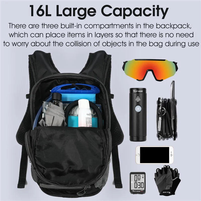 WEST BIKING 16L Cycling Backpack Waterproof Ultralight Bicycle Bag Outdoor Mountaineering Hiking Travel Bike Hydration Backpack