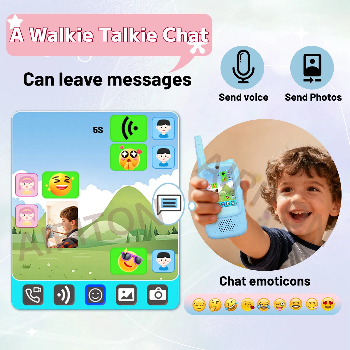 2PCS AIRITON Children's Video Walkie Talkie Selfie Send Voice Photo Emoticons Walkie Talkies For Kids Gift Boys Girls JK300