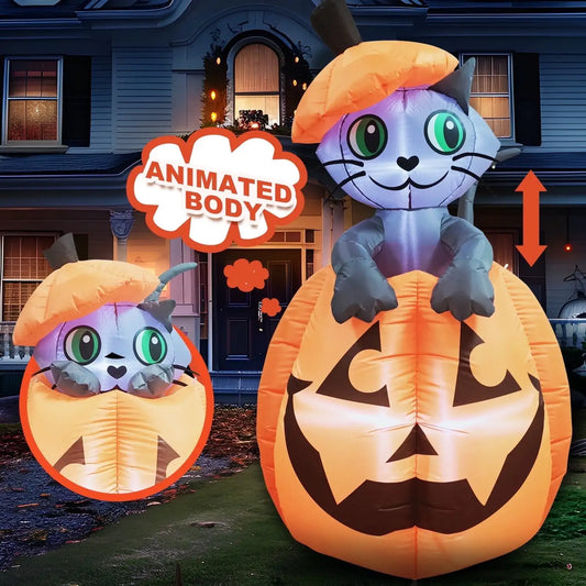 5 FT Tall Animated Kitty Cat Halloween Inflatable On Pumpkin Outdoor Decoration for Halloween Blow Up Yard Lawn Inflatables Gift