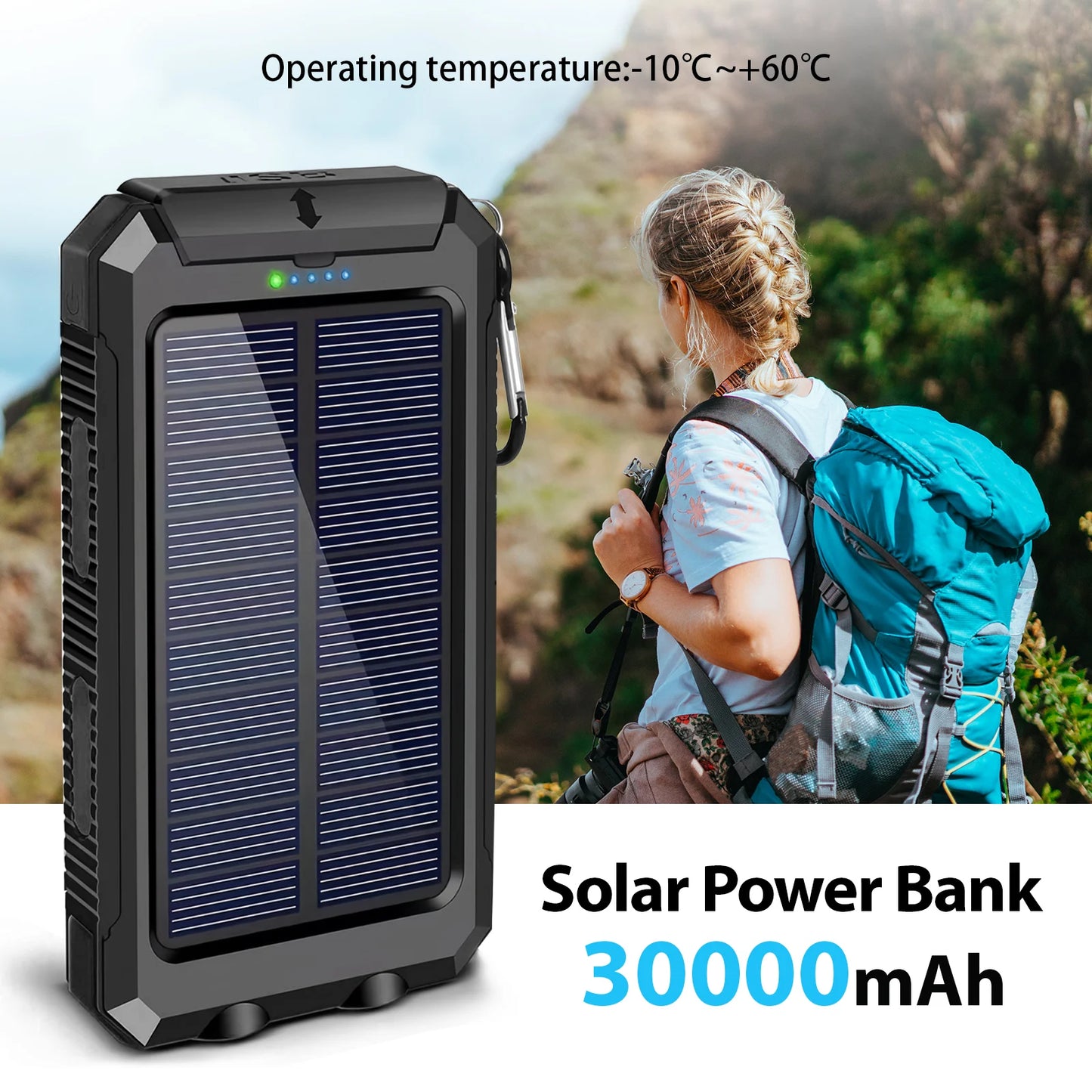 30000mAh Solar Power Bank Portable Dual 5V USB Ports 2 LED Light Flashlight Fast Charging for iPhone Samsung Tablets