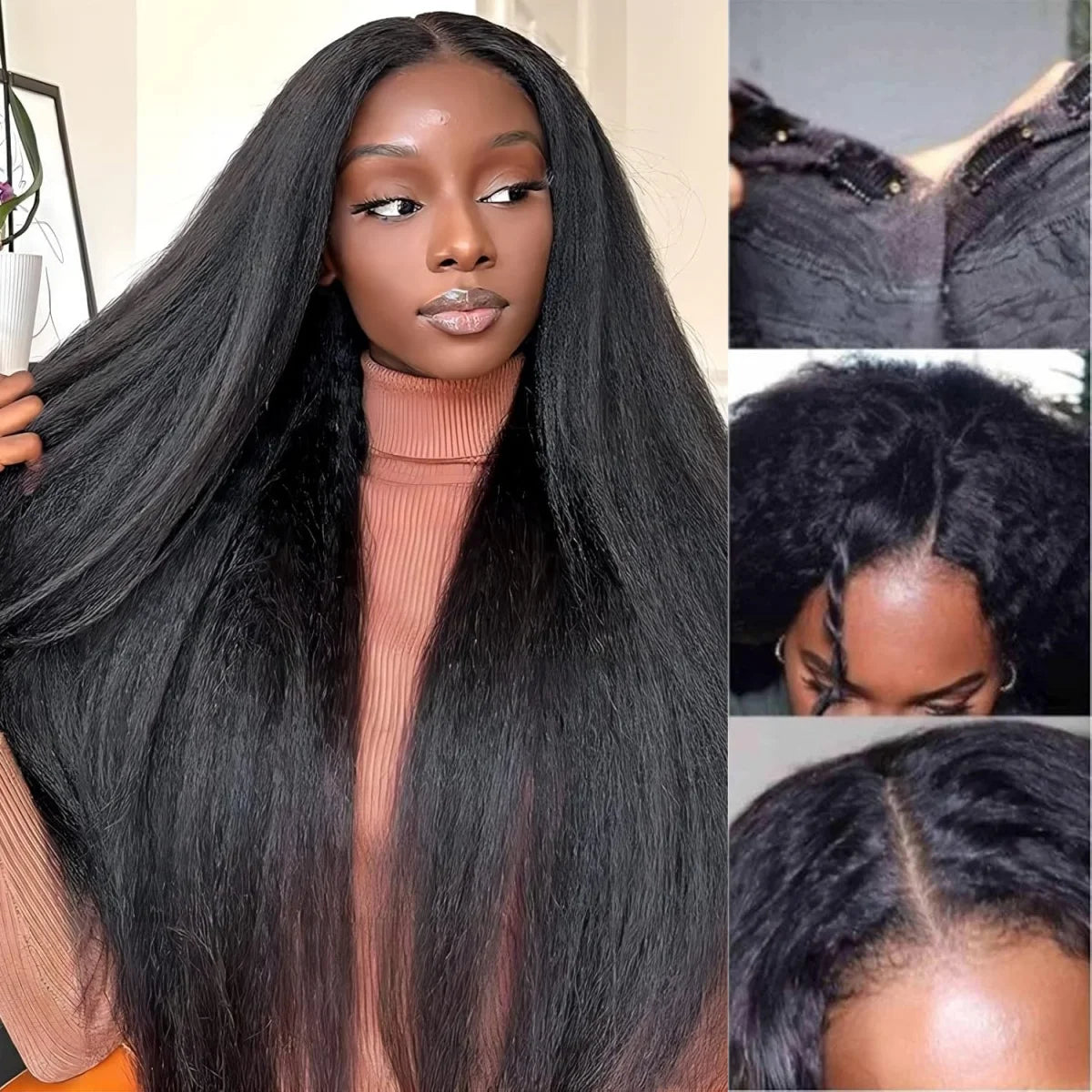 Kinky Straight V Part Wigs Human Hair Brazilian Hair Wigs for Black Women Cosplay Halloween 220% Density Kinky Straight V Part Wig Full Machine Made Wig