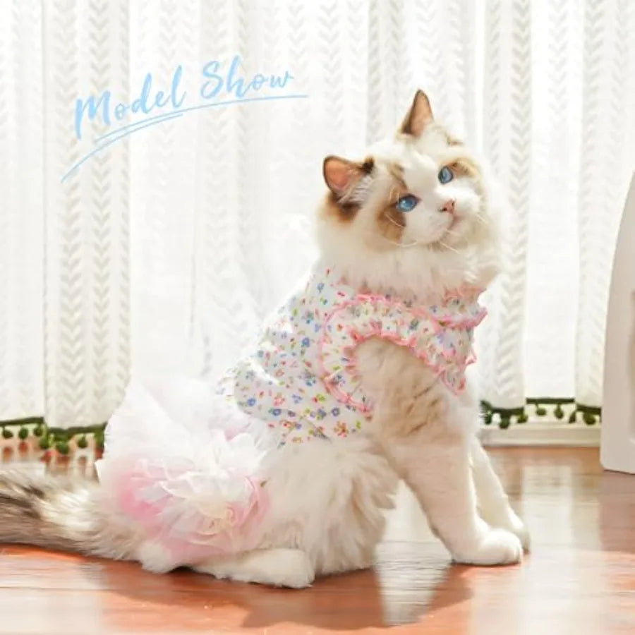 Floral Dog and Cat Dress with Tutu Skirt - Breathable Stretch Pet Clothes for Dogs Girl Cats and Puppies Birthday Party Outfit