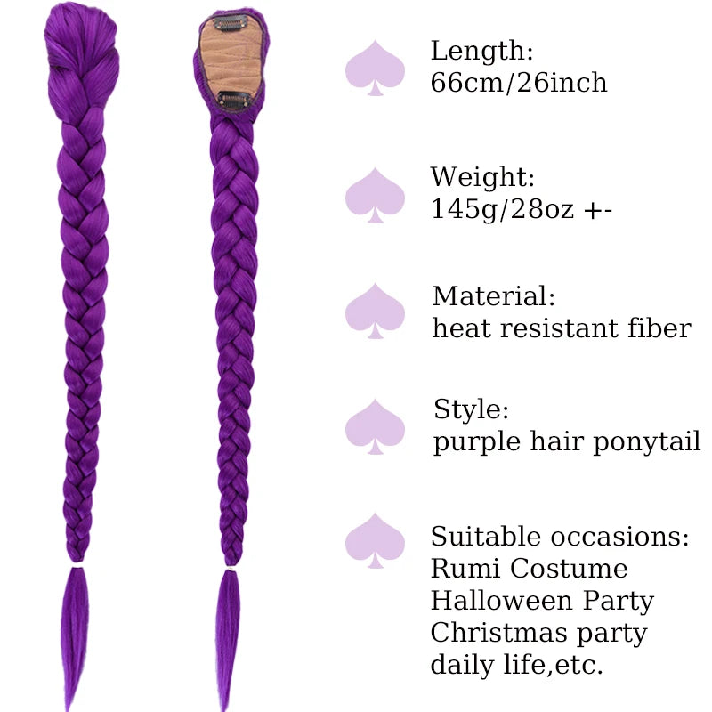 Synthetic Braided Purple Hair Ponytail Rumi Costume Hairstyle 26inch Long Ponytail with Clips for Kids Girls Halloween Christmas