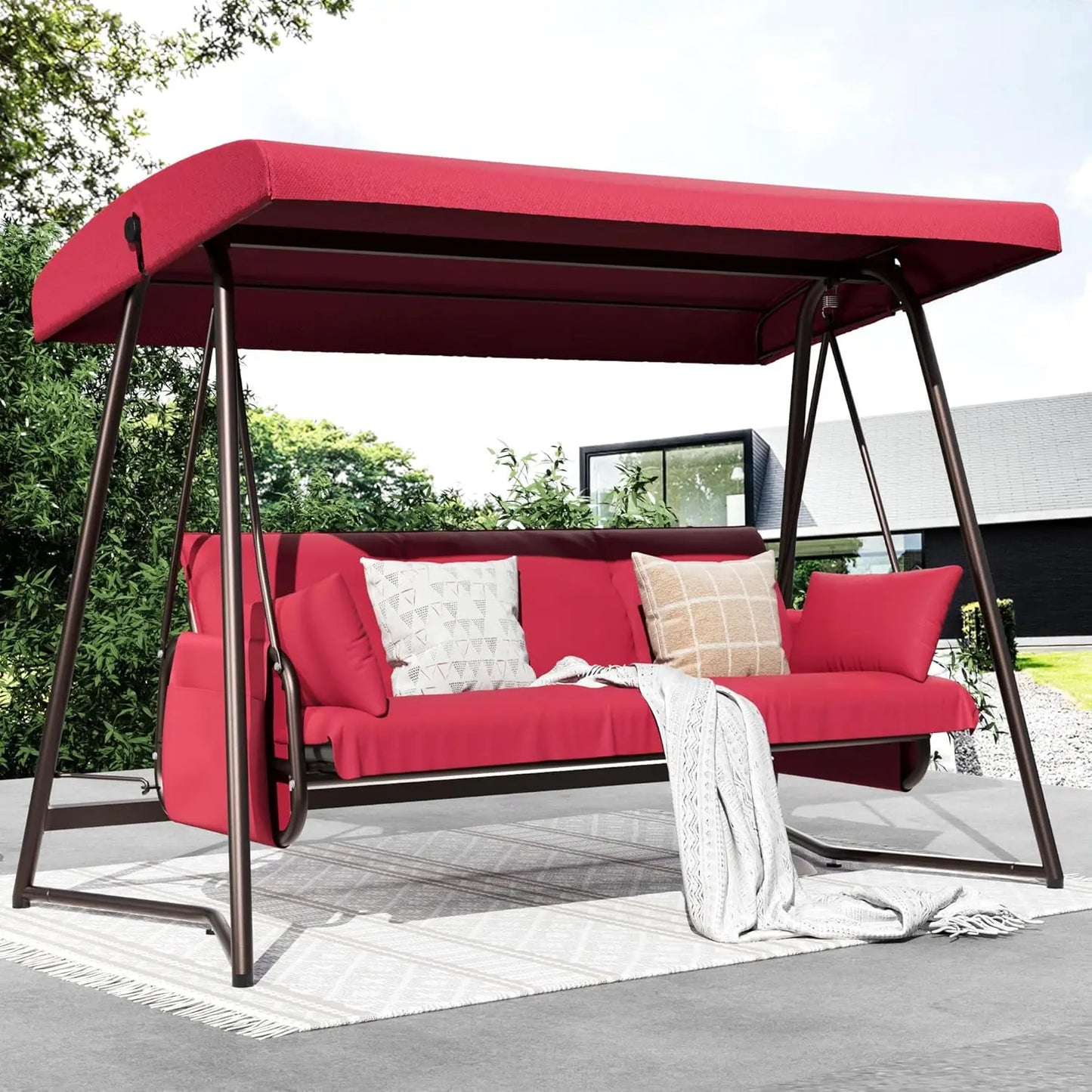 Extra-large Outdoor Porch Swing for 3-4 People, with Adjustable Backrest and Sunshade, 2-in-1 Swing Bed, Customizable