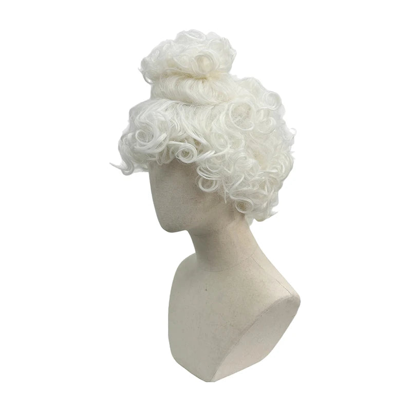 Pure White Premium Synthetic Fiber Rococo Baroque Wig Tight Curls Ringlets Fluffy Voluminous Updo with Top Bun Heat Resistant Adjustable Cap for Women Cosplay Party Halloween Costume Role Play Stage Show Photo Shoot