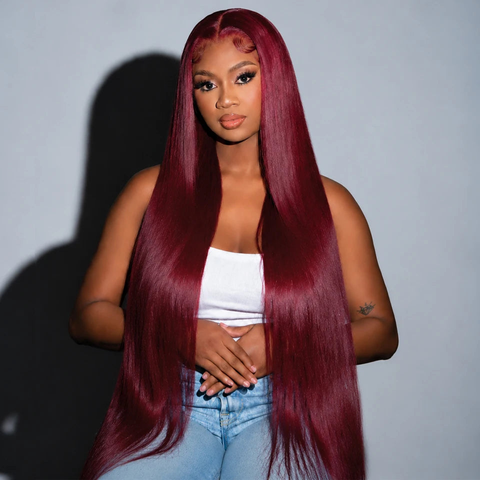 38inch 13x6 HD Lace Front Wig 99J Red Burgundy Colored Human Hair Wigs Straight Human Hair Wigs Transparent Lace Frontal Wigs
