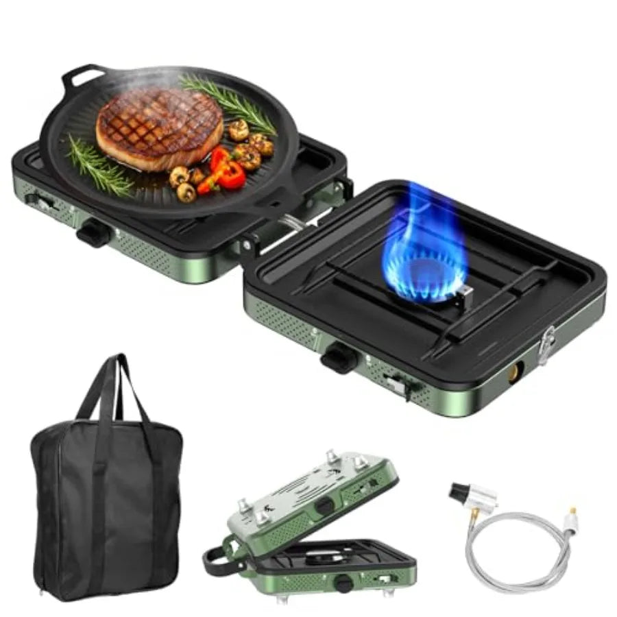 Propane or Butane Stove with Windblocker, Dual Fuel 10, 000 BTU Portable Gas stove for Camping, Automatic Ignition Gas Stove wi