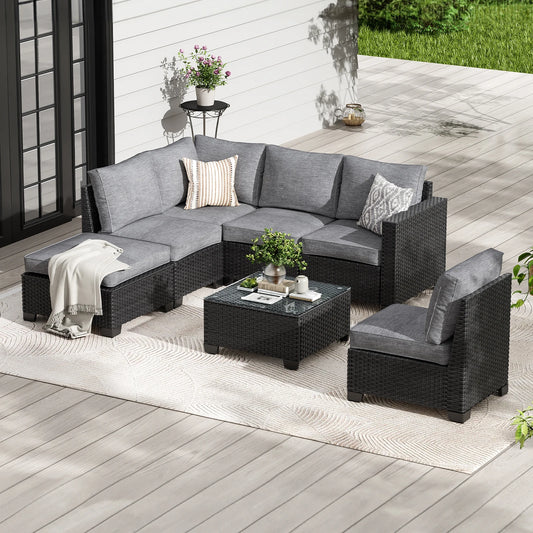 Farini Patio Sectional Sofa Set, Outdoor Furniture with Ottoman, Water/Oil/Stain-Resistant Fabric, Dark Gray Cushion + Gray Wick