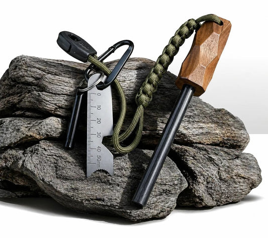 4-piece set, wooden handle magnesium ignition stick, multifunctional scraper, hanging rope whistle, climbing buckle, waterproof and durable, emergency ignition, suitable for outdoor camping, hiking, wilderness survival, magne