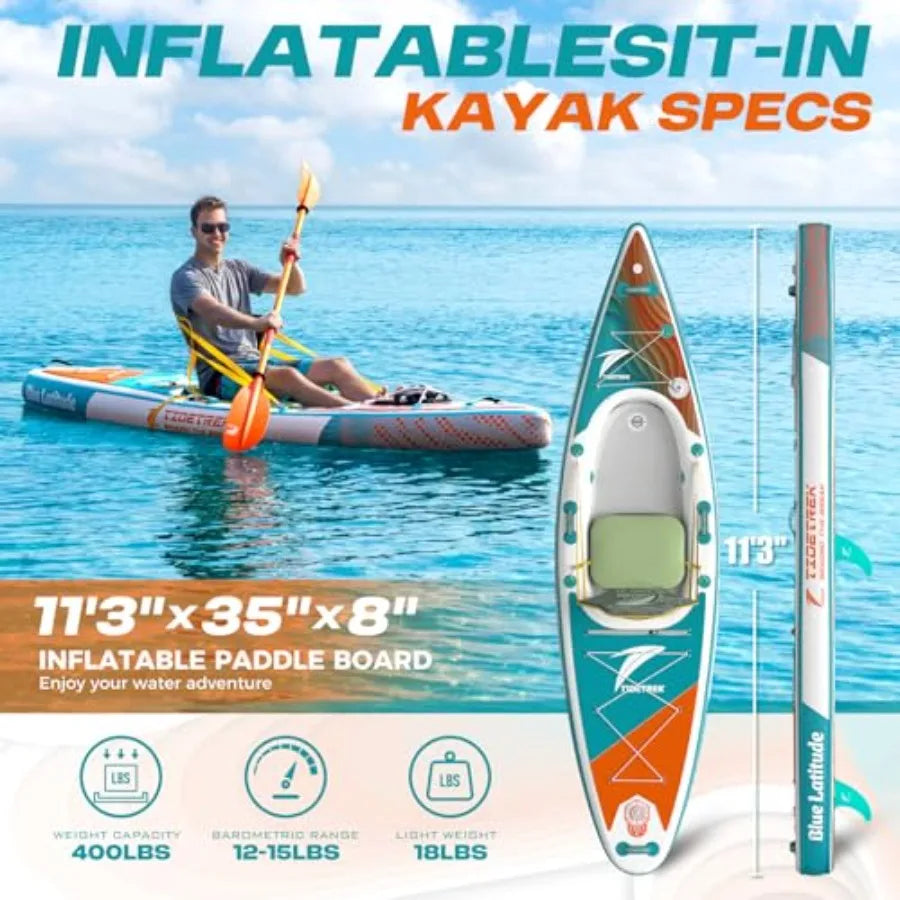 Inflatable Touring Kayak 11'3 x 35 x 8 with Waterproof Seat Premium Accessories Ultra-Stable SUP Kayak Hybrid in Blue Non-Slip