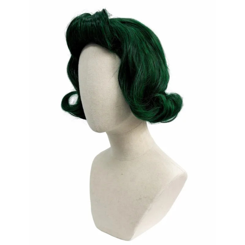 Dark Green Premium Synthetic Fiber Short Curly Wig with Bangs Cat Ears Top Bun Updo Fluffy Voluminous Retro Vintage Waves Inner Outer Curls Heat Resistant Adjustable Cap for  Cosplay Party Halloween Costume Role Play Stage Sh