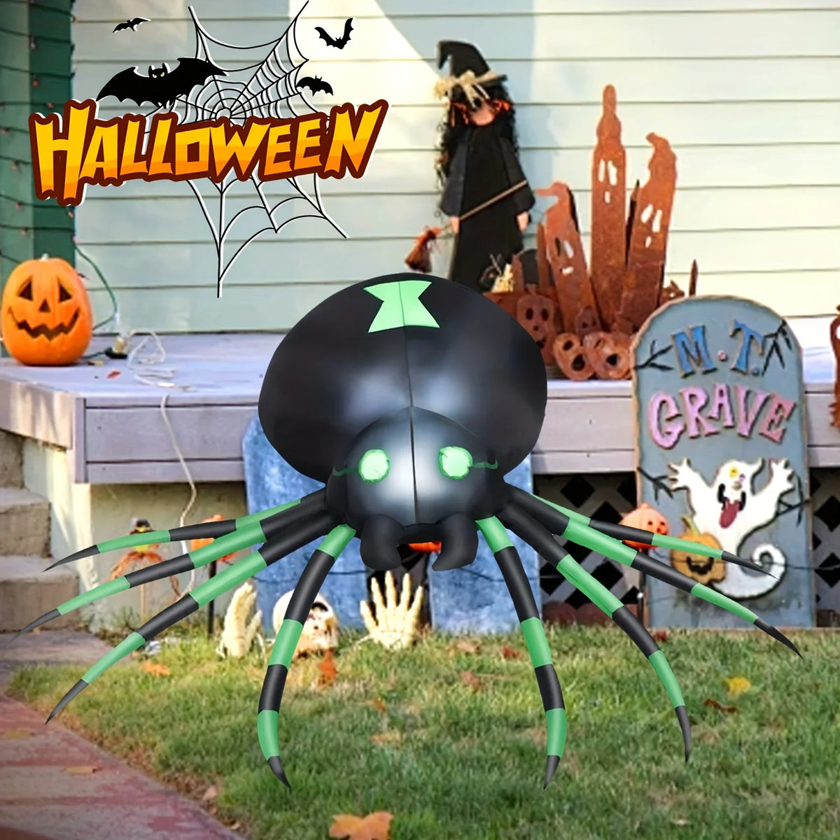 Giant 7.2FT LED Glowing Inflatable Spider Creepy Blow Up Yard Decor with Stakes & Blower, Outdoor Halloween Airblown Spider for Lawn Garden Party Quick Setup & Fast Deflate Design USA Warehouse Fast Shipping