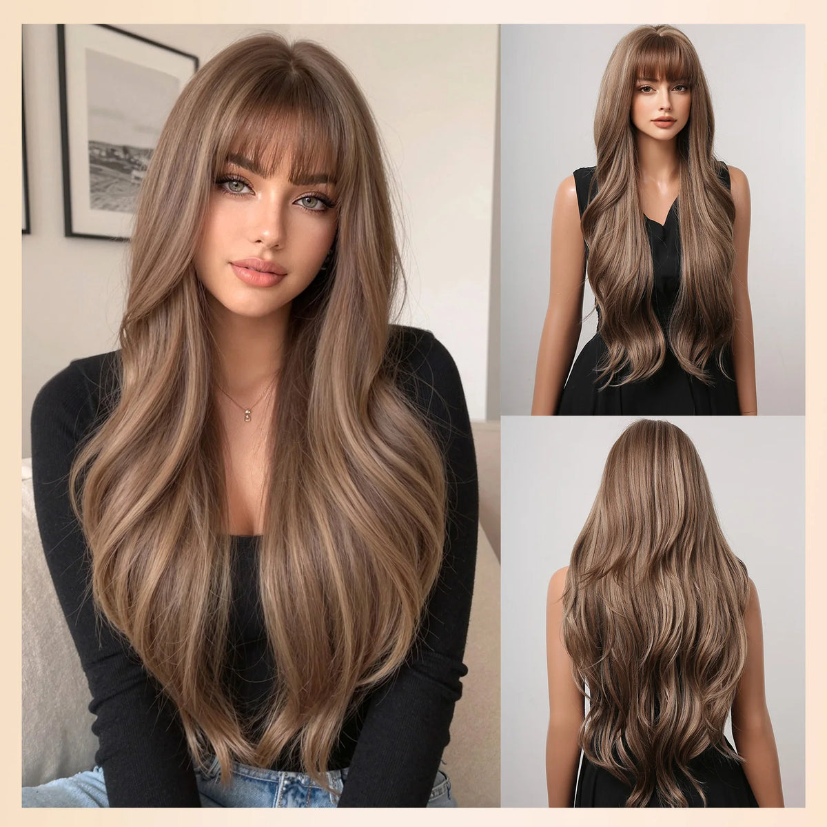 Halloween Wig TopShe Long Wave Wig with Bangs for Woman Brown Wig with Blonde Highlights Synthetic Wig Heat Resistant Loose Wave Daily Wear Natural Looking 28 Inch Ash Brown Layered Hair Soft Silky Natural Bio-Scalp Wigs