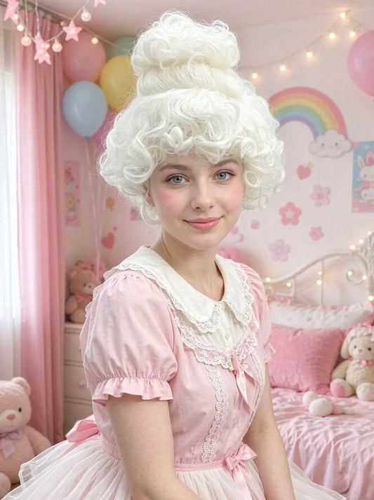 Pure White Premium Synthetic Fiber Rococo Baroque Wig Tight Curls Ringlets Fluffy Voluminous Updo with Top Bun Heat Resistant Adjustable Cap for Women Cosplay Party Halloween Costume Role Play Stage Show Photo Shoot
