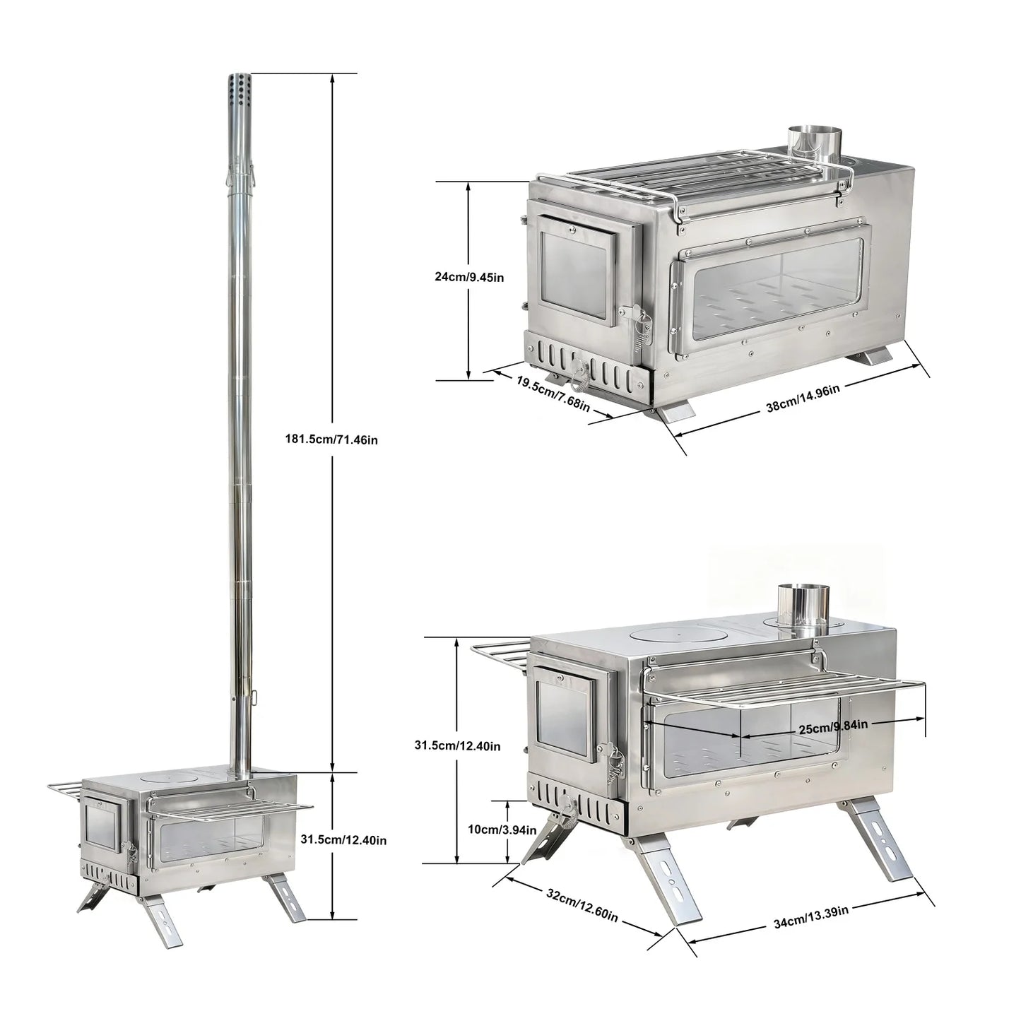 Portable Camping Tent Wood Stove for Outdoor Heating Stainless Steel Hot Tent Stove Burner Stove with 7 Chimney Pipes