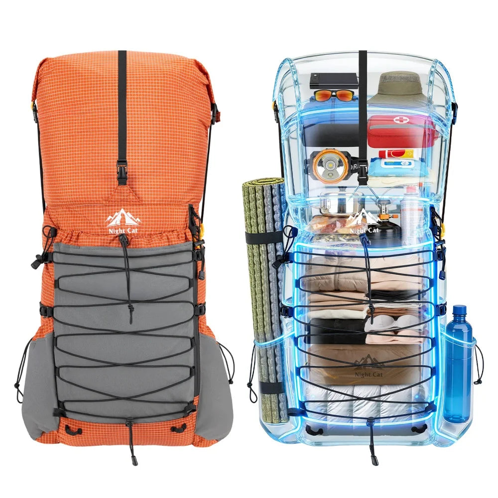 Night Cat Internal-frame Hiking Backpcack: 50L / 60L / 70L Roll Top Lightweight Travel Backpack with Rain Cover for Men Women Hiking Camping Backpacking