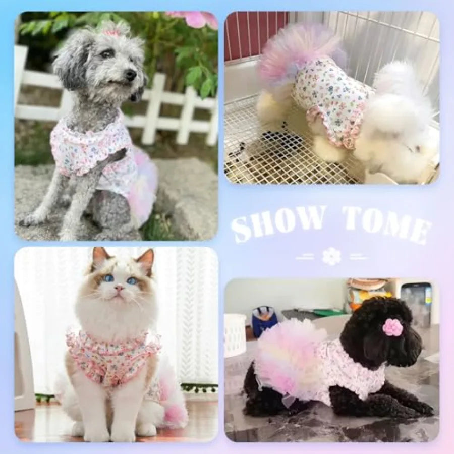 Floral Dog and Cat Dress with Tutu Skirt - Breathable Stretch Pet Clothes for Dogs Girl Cats and Puppies Birthday Party Outfit