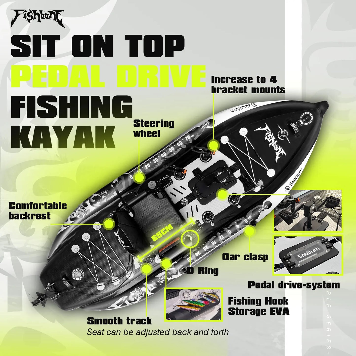 Fishing Kayak Boat Pedal Drive Sit on Top Pedal Drive Kayak Power System Orientation System, 11'*48"*6",Capacity 660LBS
