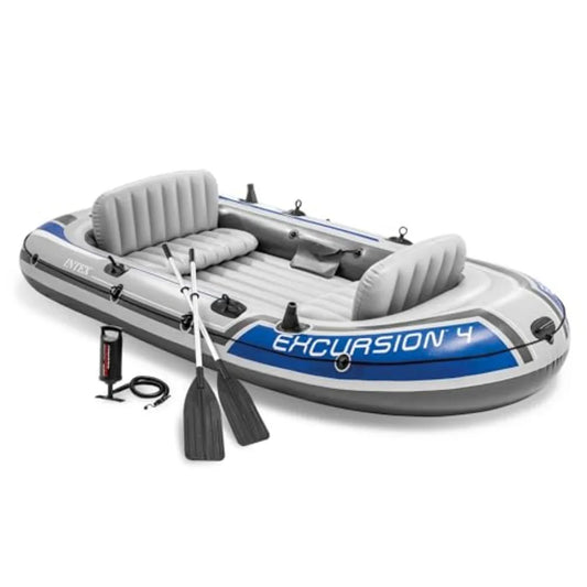68324EP Excursion 4 Inflatable Boat Set: 54in Deluxe Boat Oars and High-Output Pump Adjustable Seats with Backrest Fishing Rod