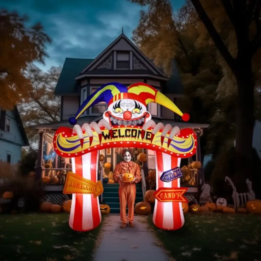 10 Ft Halloween Inflatable Clowns Arched Door Outdoor Decorations, Day of The Dead Blow Up Yard Decor with Built-in LED Light P