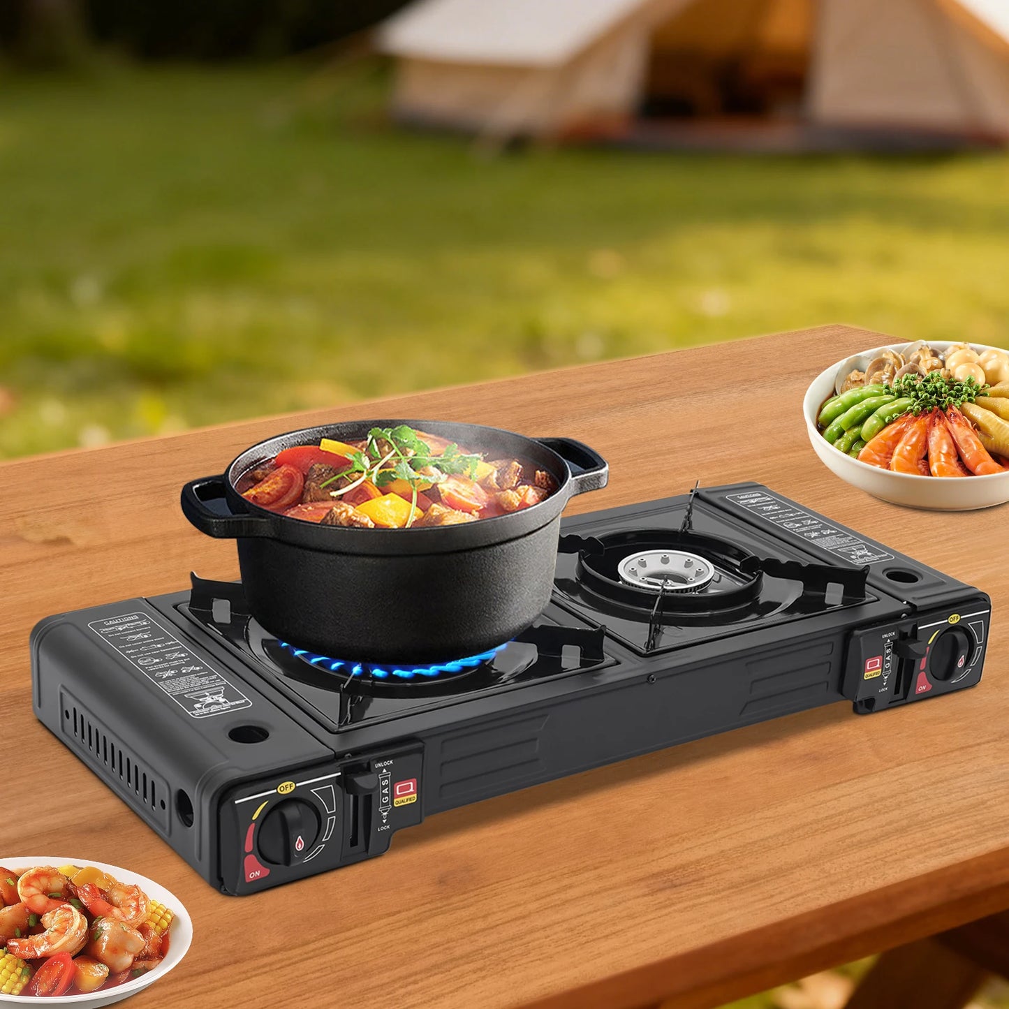 2 Burners Portable Gas Stove with Piezo Ignition and Carrying Case 2x2500W High Power LPG/Butane for Camping Picnics Parties