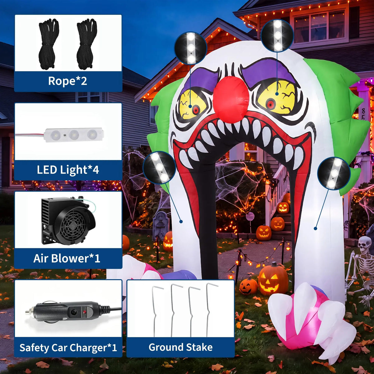 5ft Halloween Inflatable Clown Arch For Trunk Or Treat Car Decorations With Led Lights Built-In Blower Outdoor Yard Lawn Party